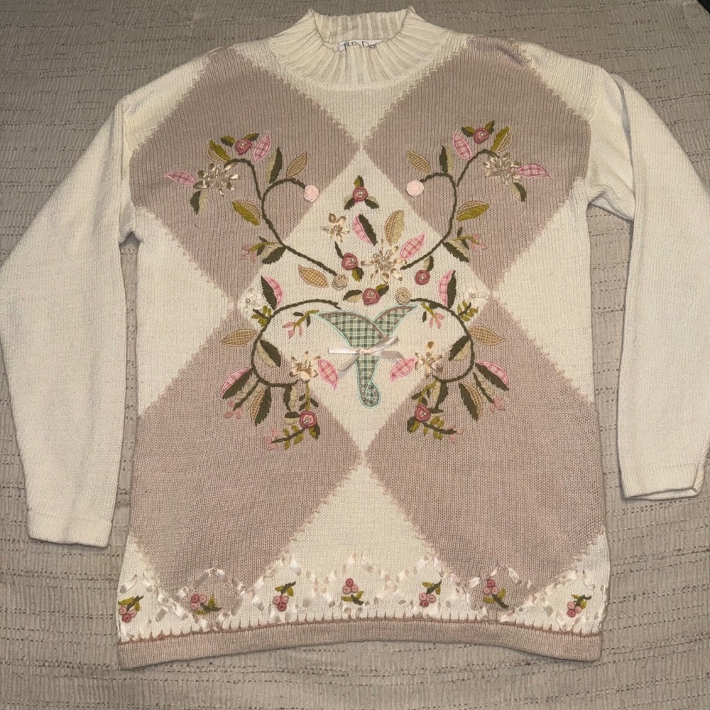 B.P. Design Vintage Floral Embroidered Argyle Knit‎ Sweater Cottagecore Cream